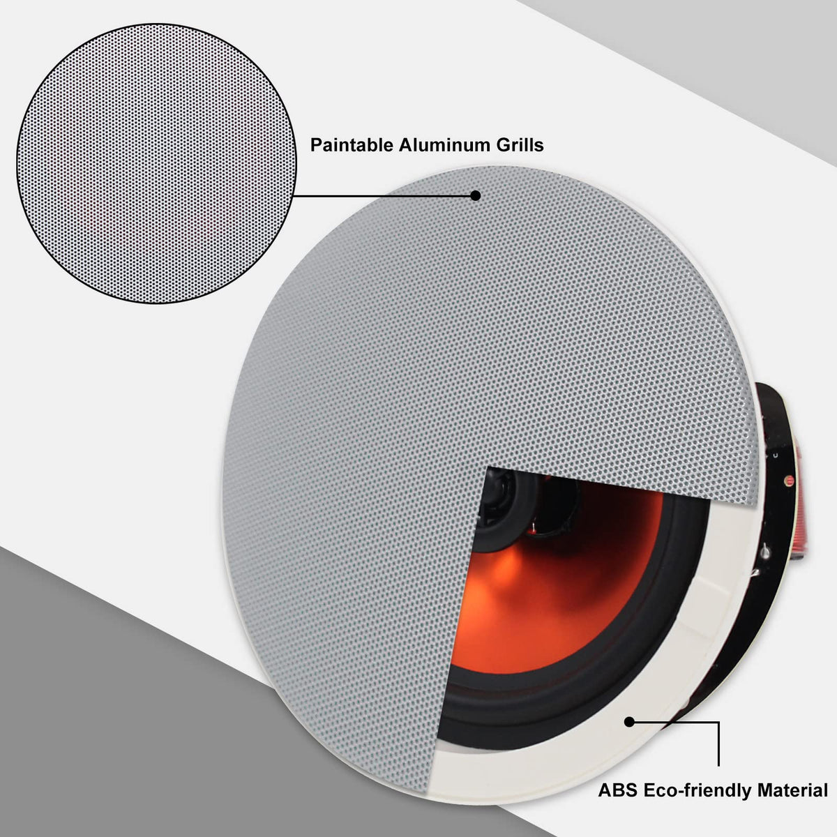 Herdio stain-resistant, paintable grill matches ceiling decor.