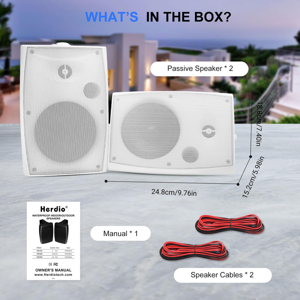 Herdio passive outdoor speaker pair requiring external amplifier.