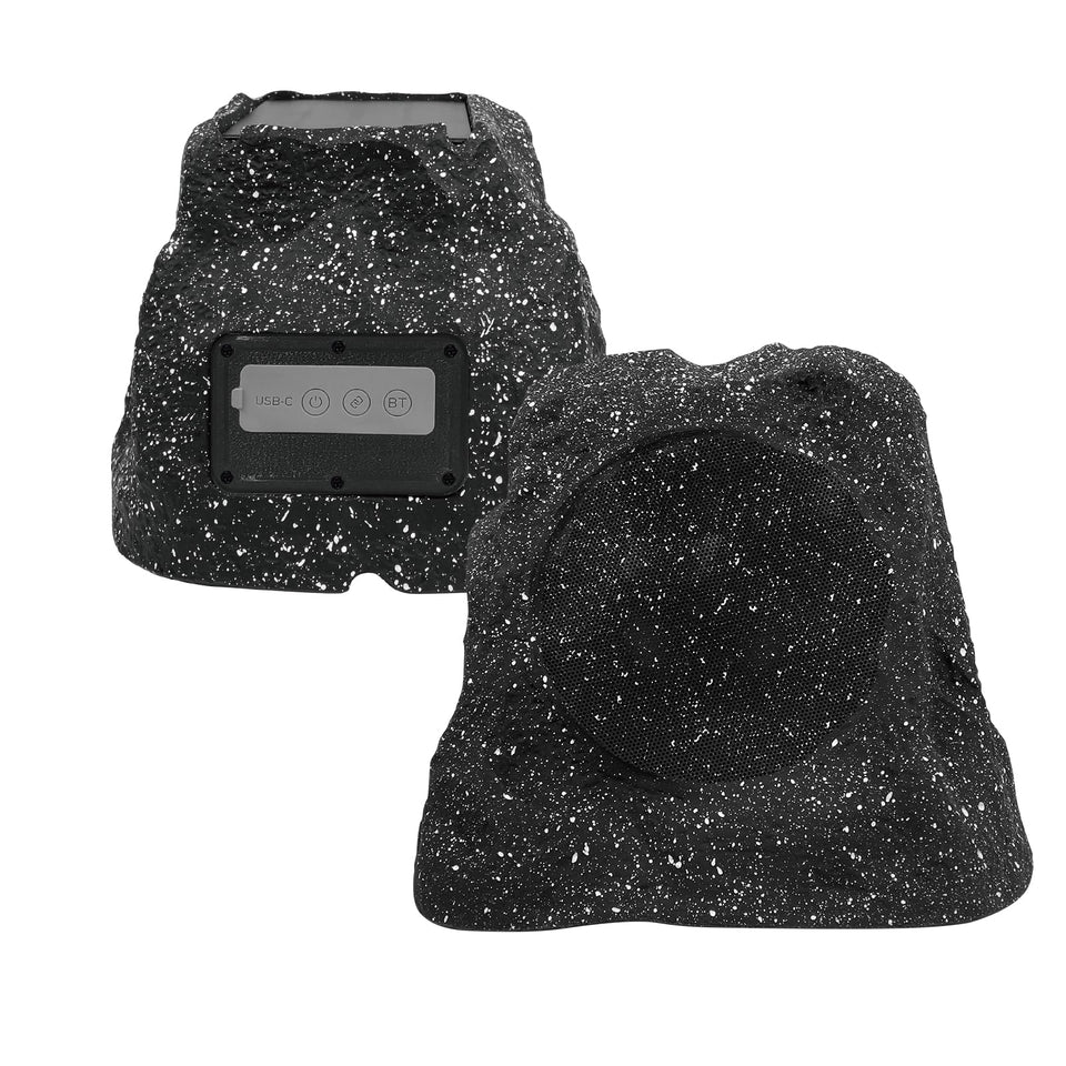 Herdio rock 8in outdoor speaker in black, solar-powered setup for patio ambiance