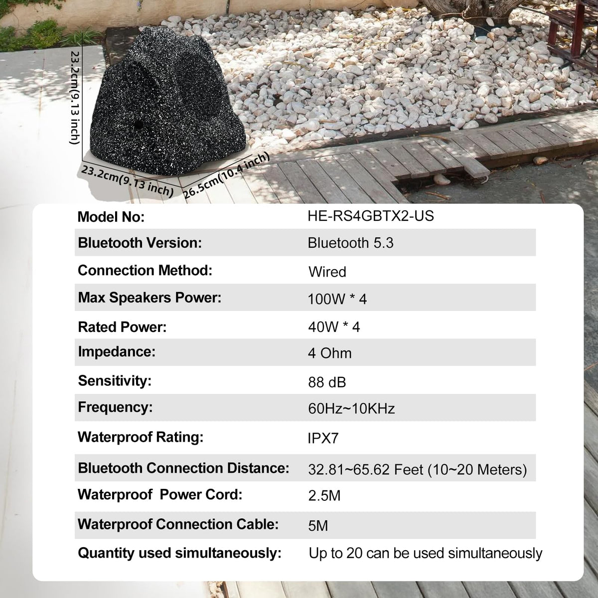 Herdio rock speaker side view, compact footprint for gardens
