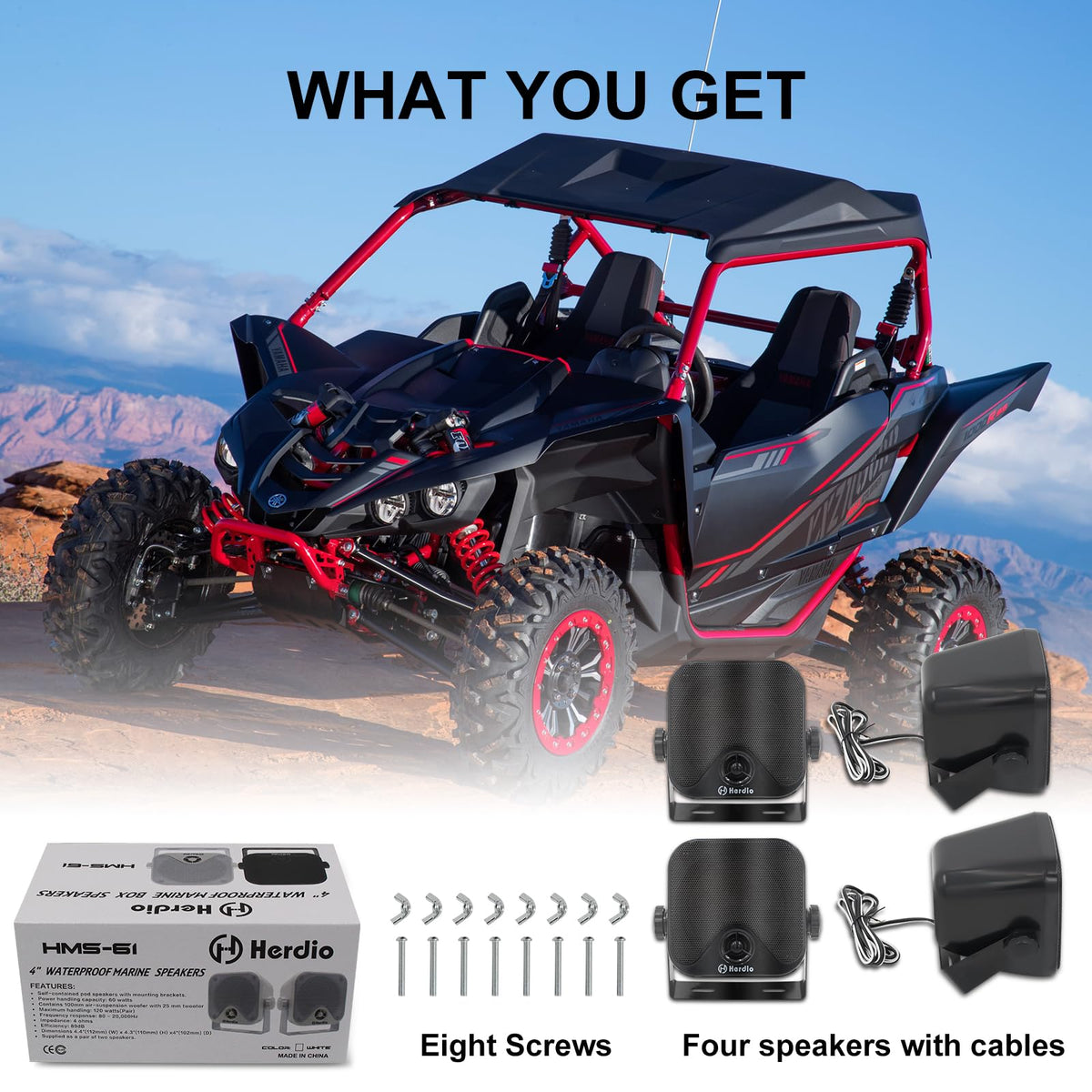 Herdio rugged outdoor speakers installed on a quad for on-the-go audio.