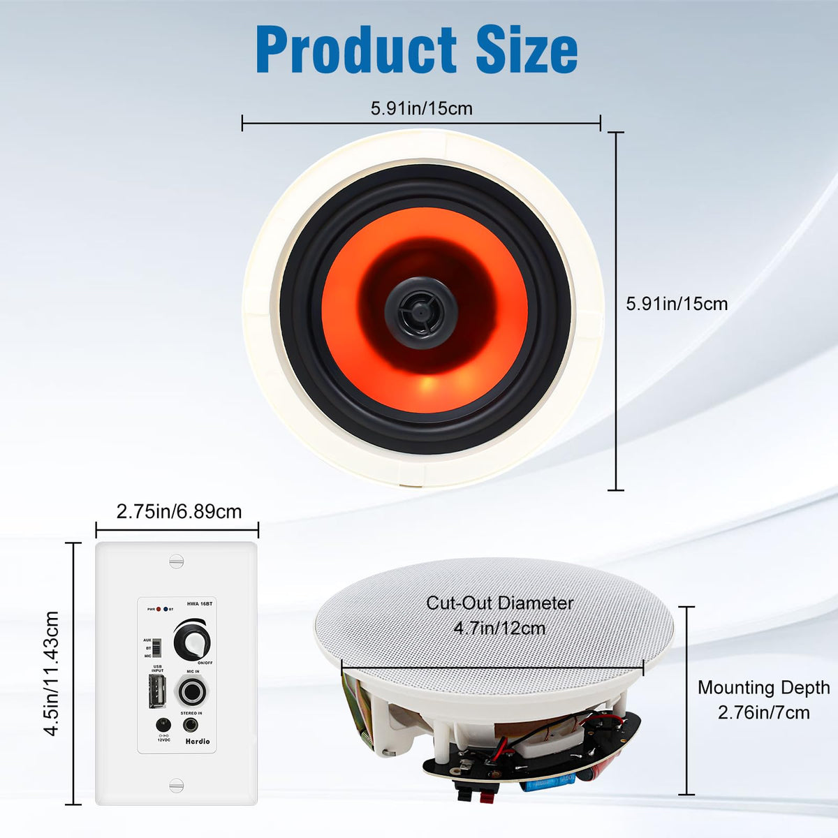 Herdio pair installed in a white ceiling demonstrating unobtrusive audio solution