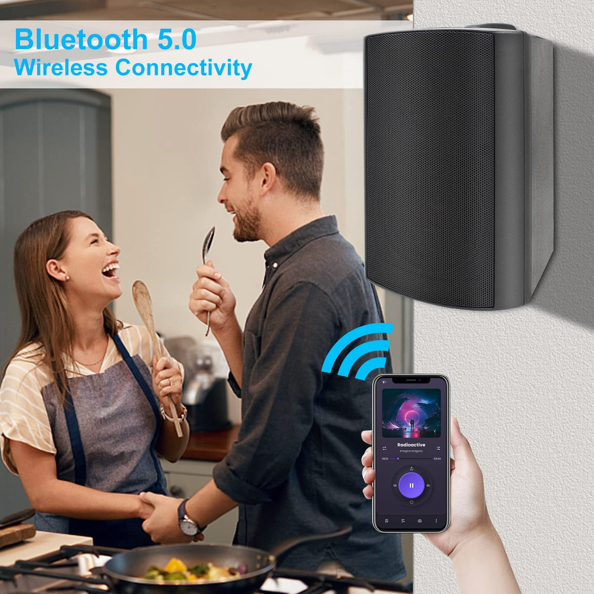 Swivel brackets allow 120-degree sound focus on patios.