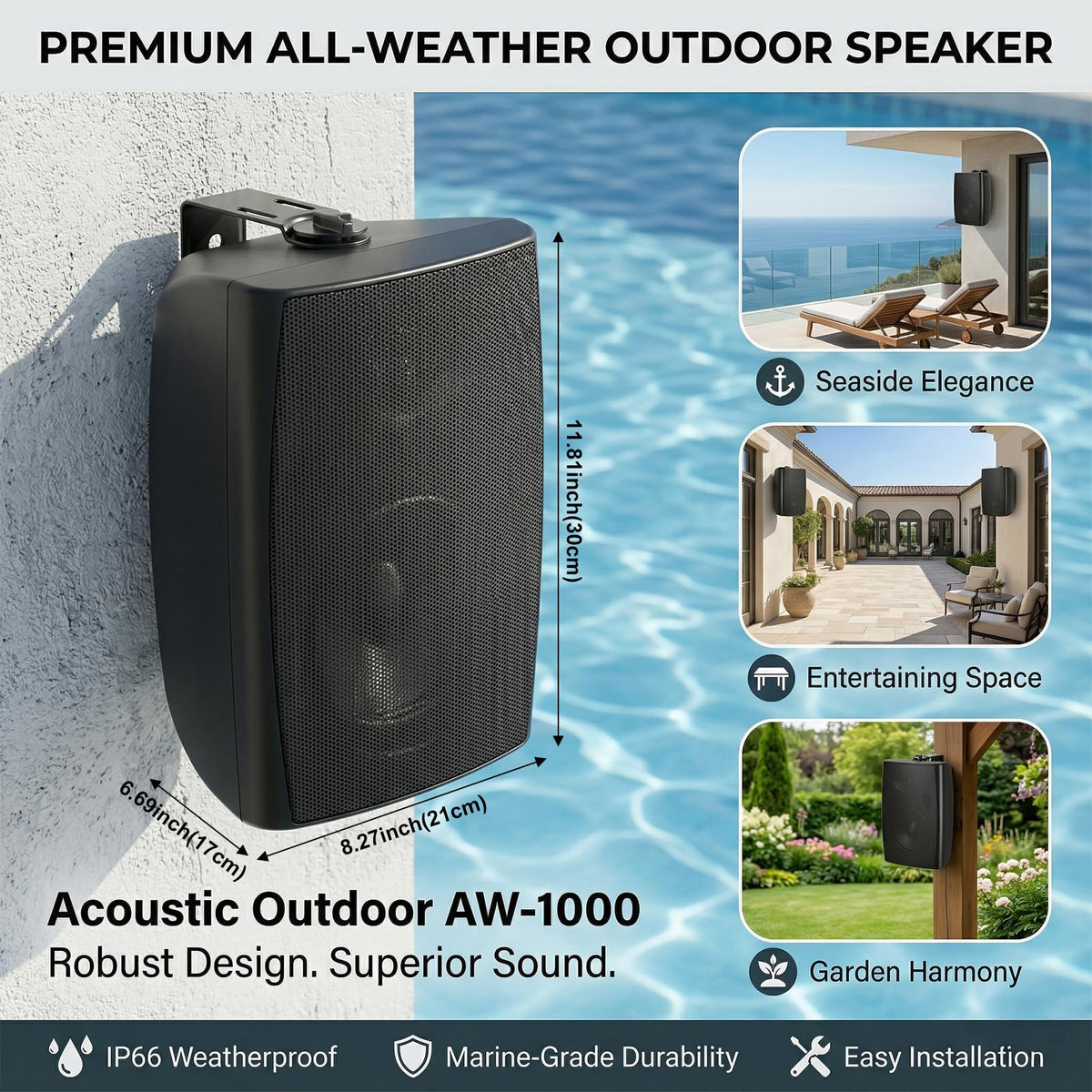 Herdio two-speaker TWS stereo setup in a backyard setting