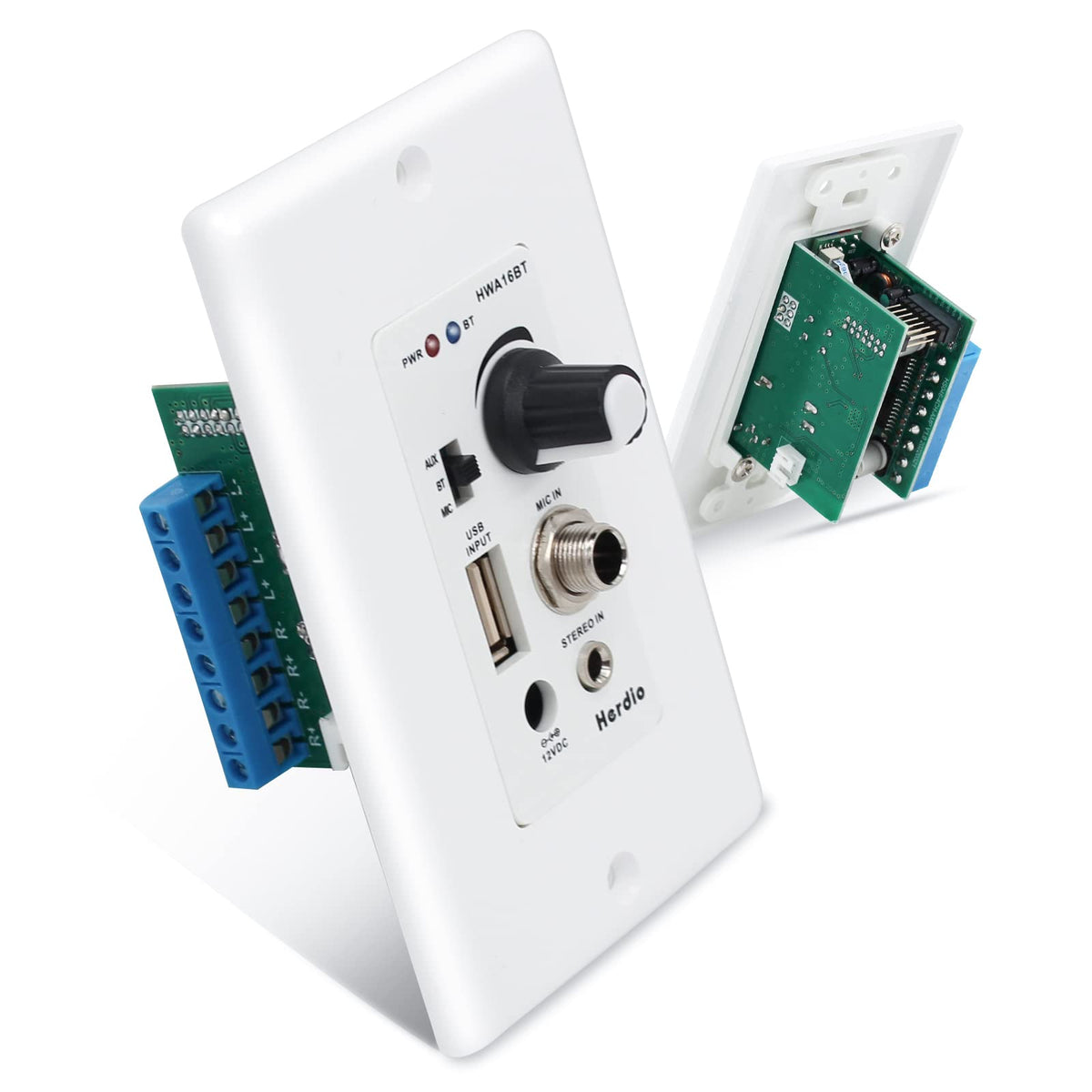 Herdio front view of in-wall Bluetooth amplifier plate showing controls and branding, neat installation benefit