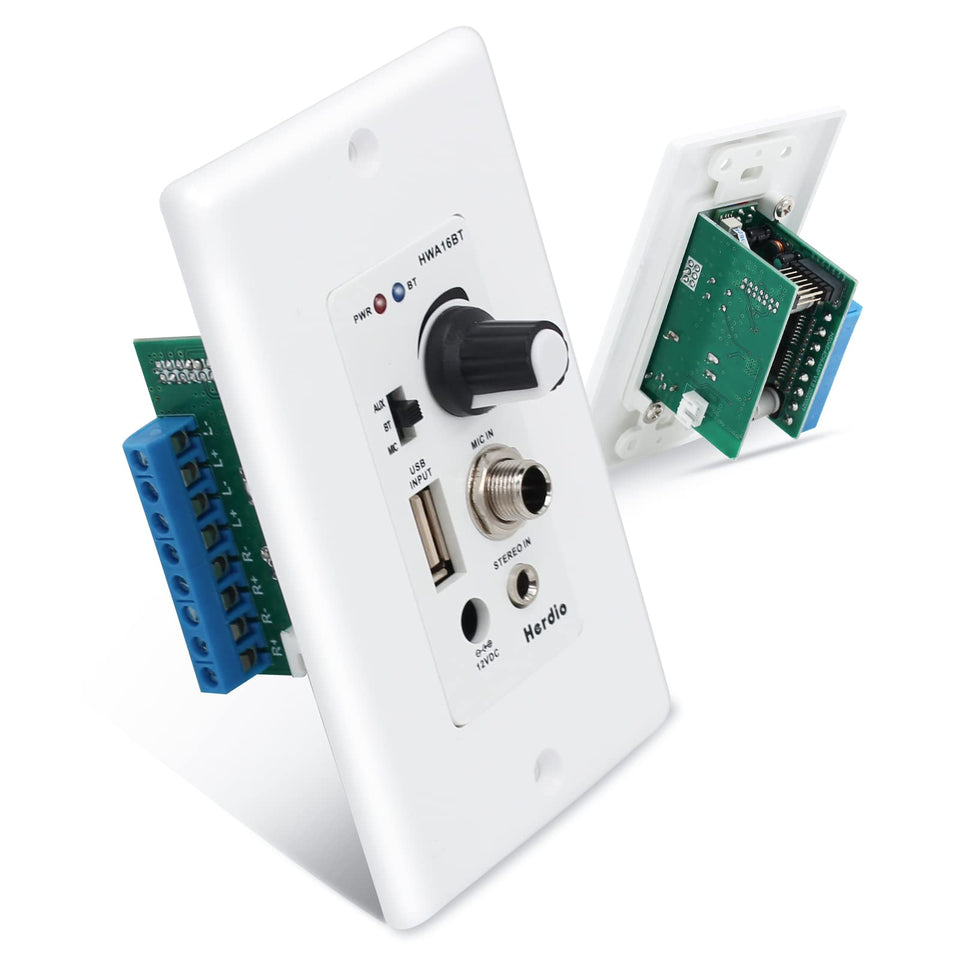 Herdio front view of in-wall Bluetooth amplifier plate showing controls and branding, neat installation benefit