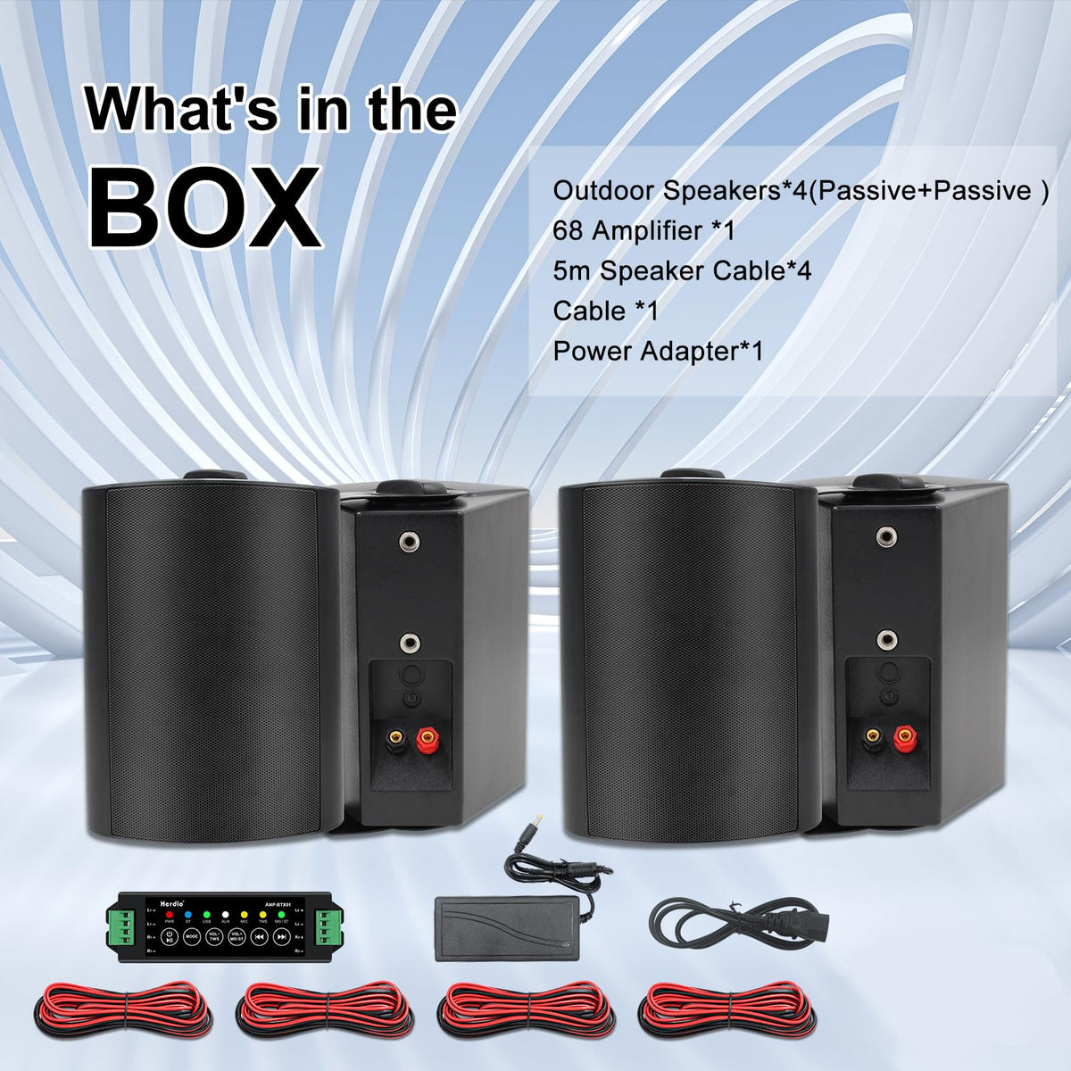 Herdio IP44 weatherproof enclosure protects speakers from rain and sun.