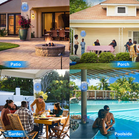 Herdio outdoor speakers provide wide, even sound coverage on a deck.