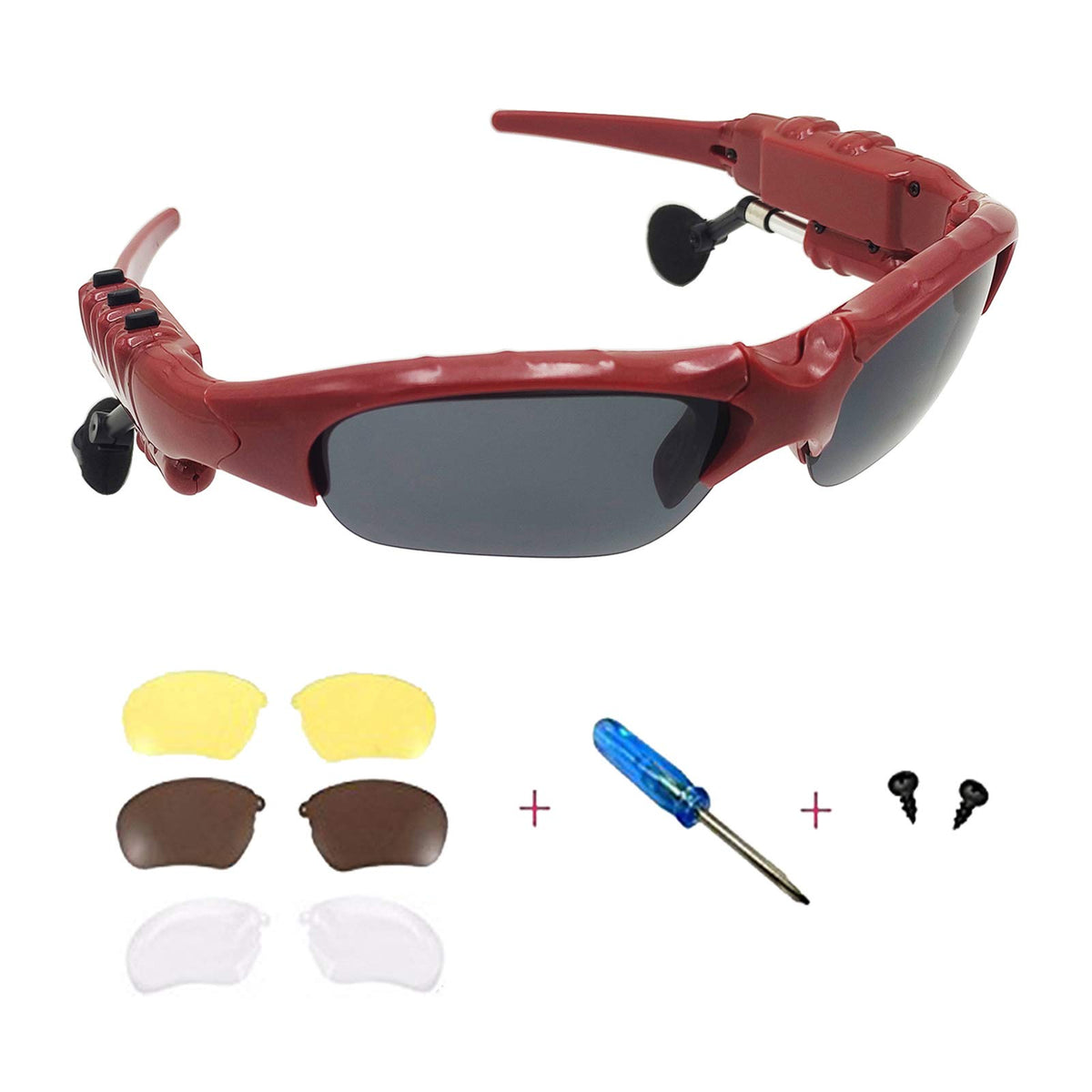 Hereta wireless sunglasses front view with red-gray frame and UV protection for sunny commutes