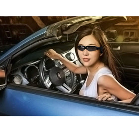 Hereta wireless sunglasses side view showing sleek red-gray frame for on-the-go wear