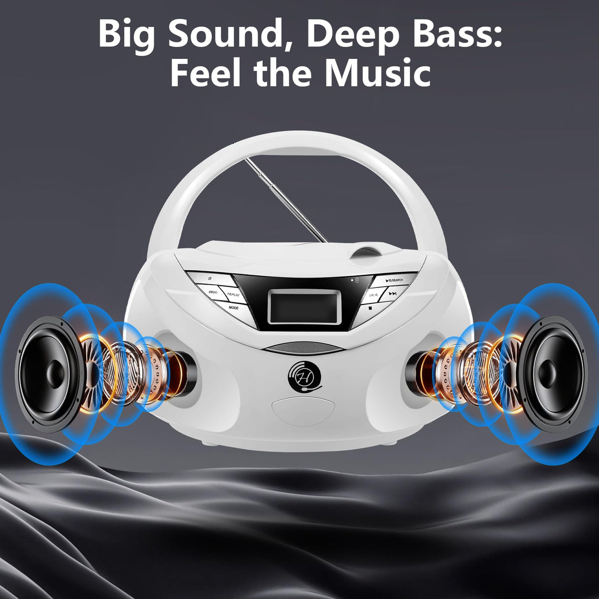 Herneum speaker grill close-up showing stereo drivers for richer bass and clear mids