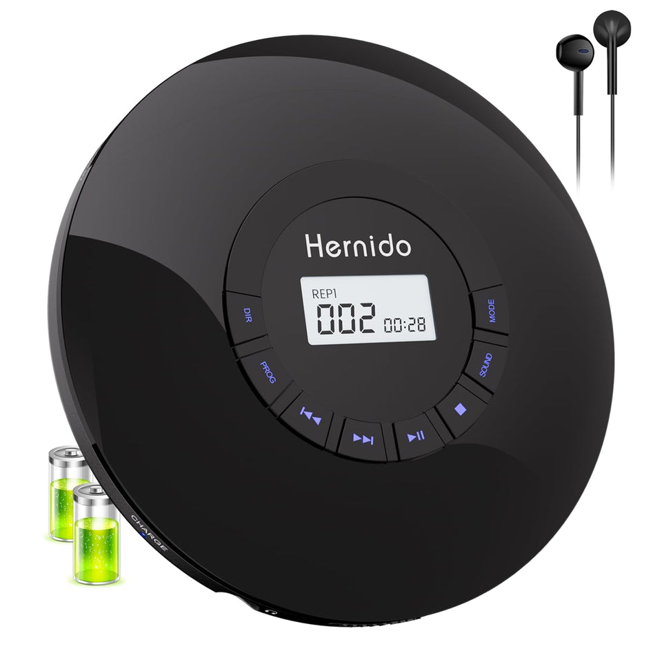 Hernido portable CD player in compact form for travel listening.