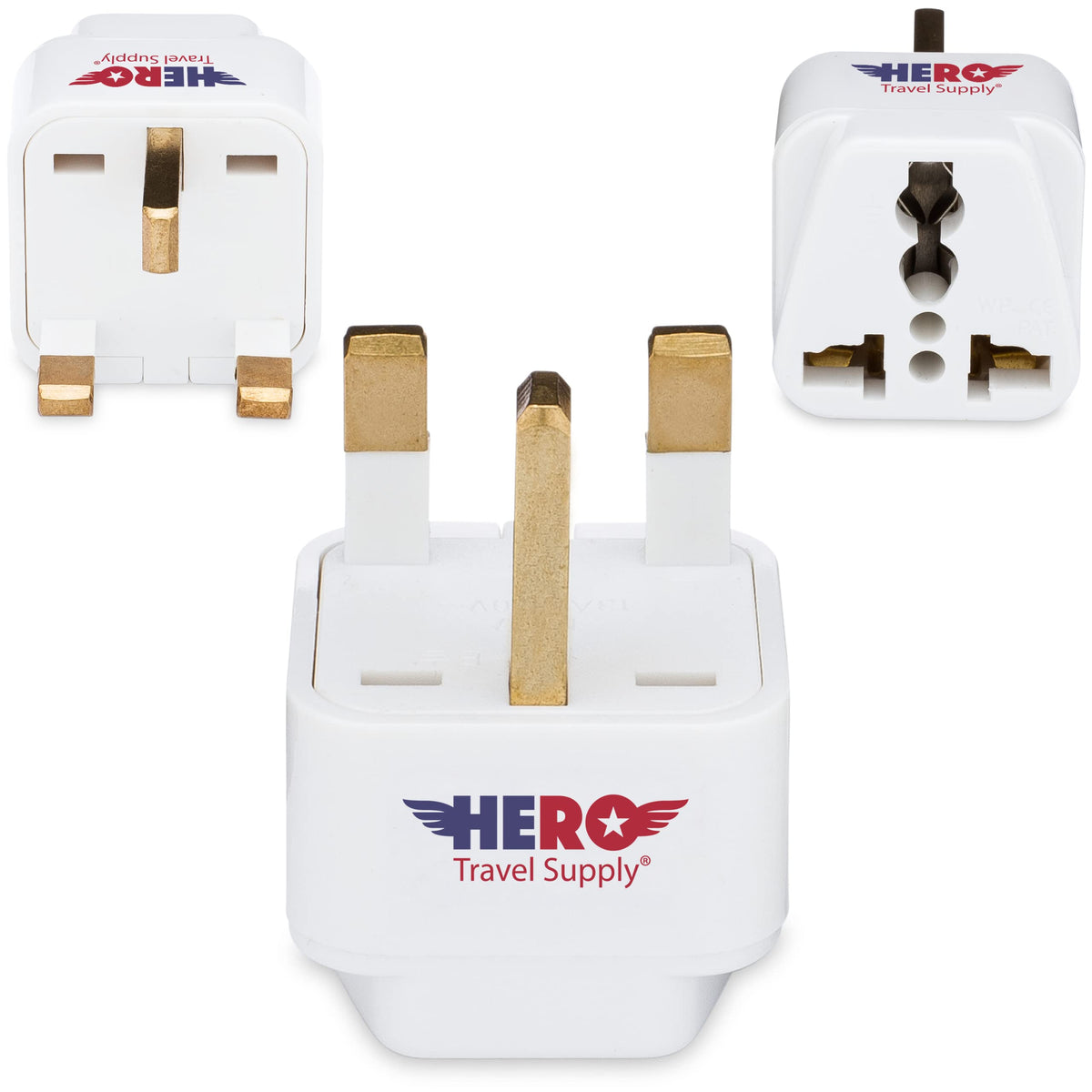Hero Travel Supply UK adapter front view showing compact travel-friendly design.