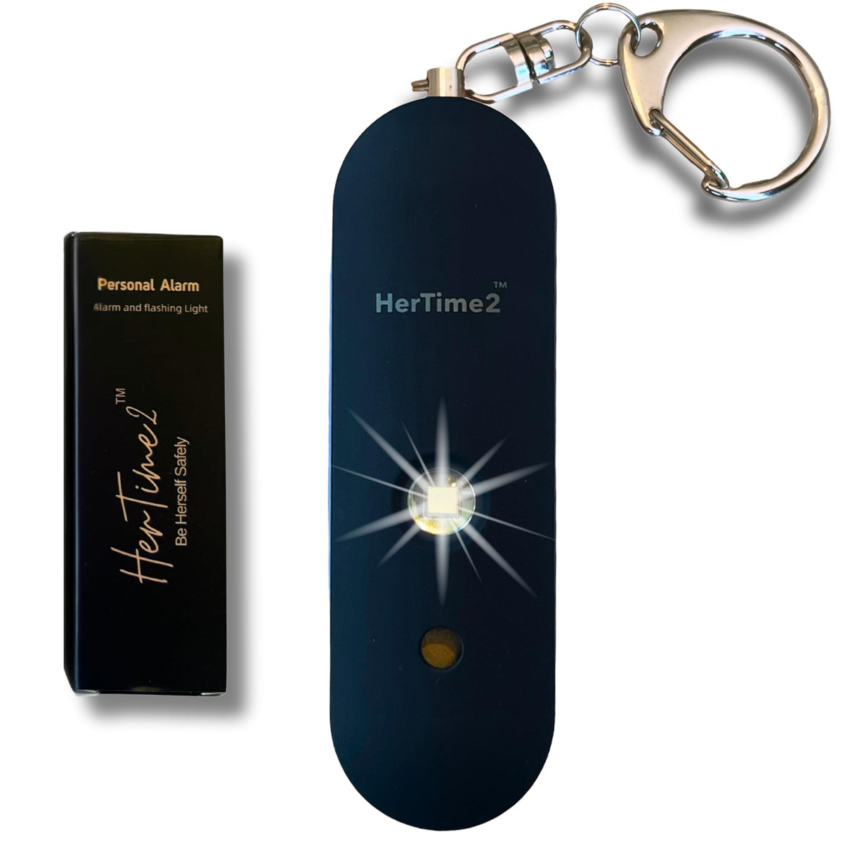 HerTime2 front view showing black keychain and quick-access pin for fast alerts