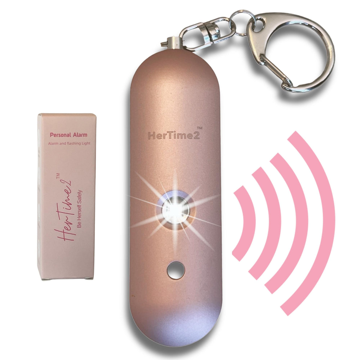 HerTime2 front view rose gold showing compact alarm and key ring, easy carry