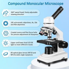 Herwicm Microscope 4x/10x/40x lenses cover 40x–2500x magnification.