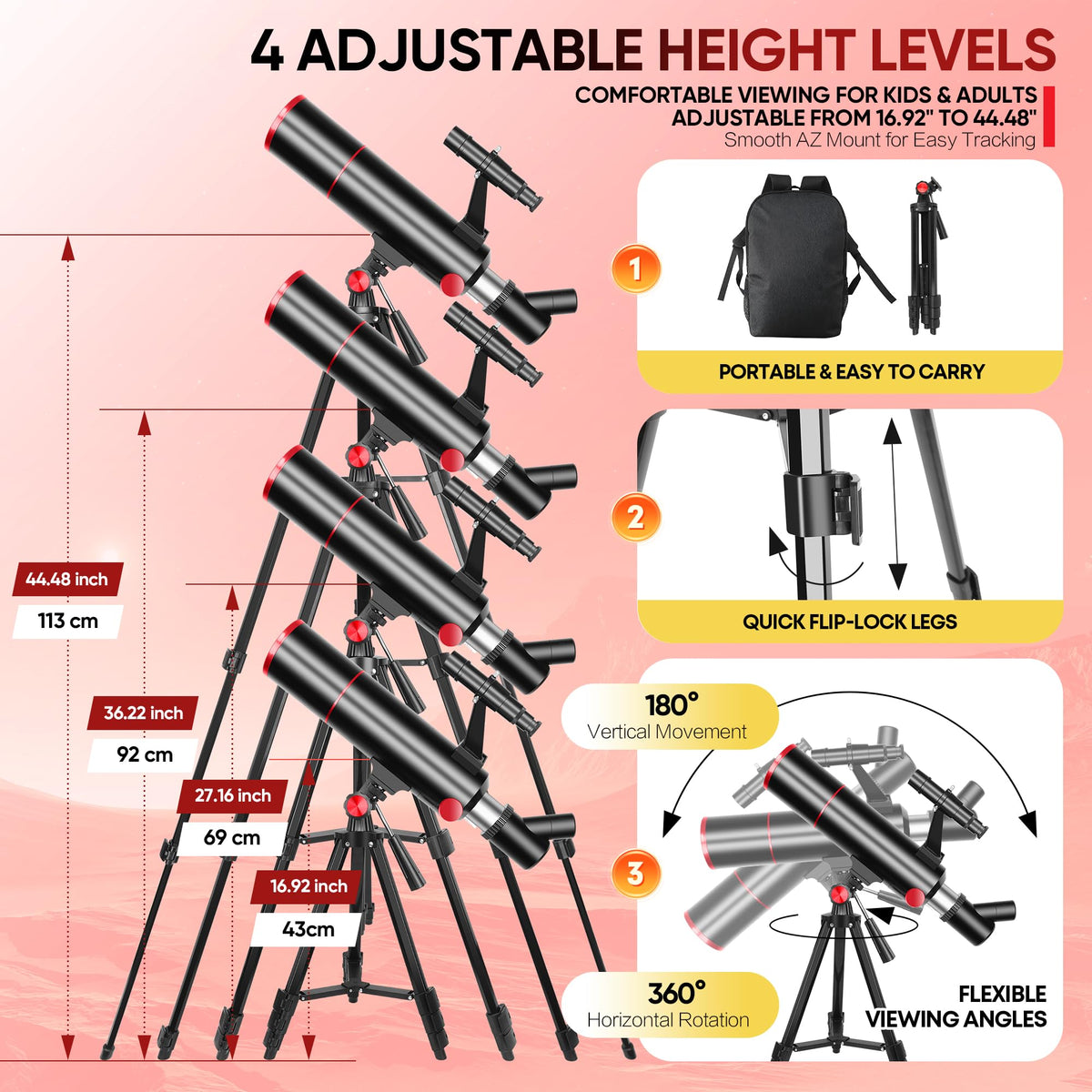 HETEKAN easy-setup tripod for comfortable viewing for kids and adults.