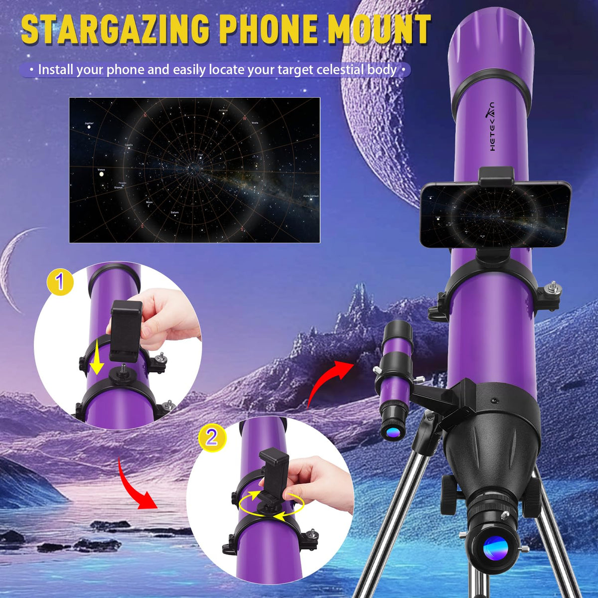 HETEKAN dual phone mounts on the telescope for quick capture