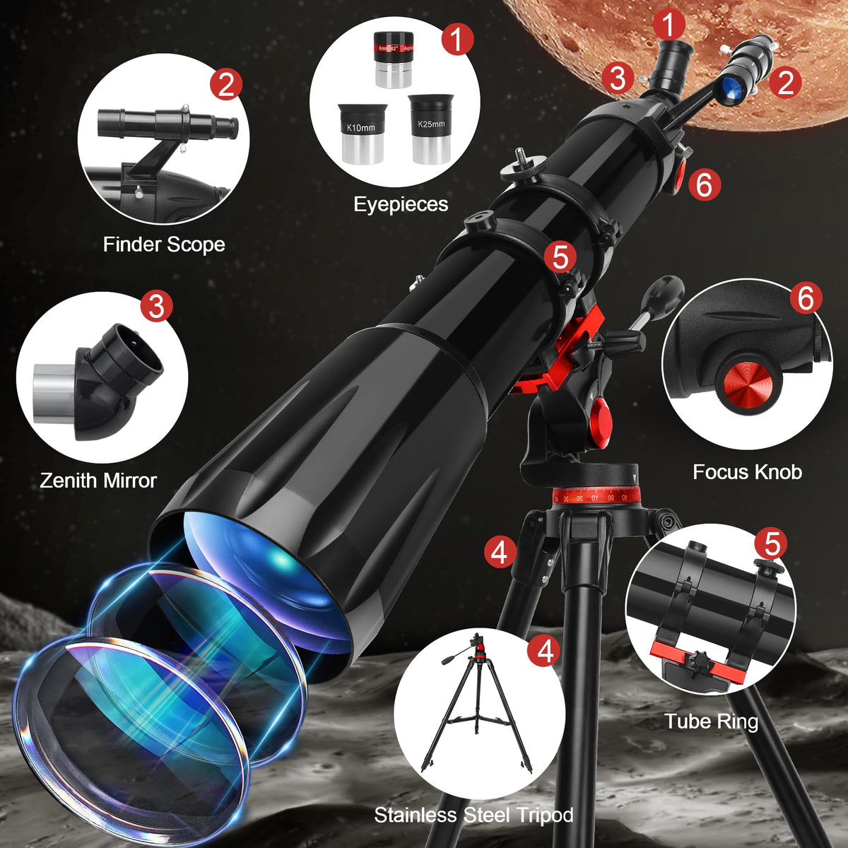 HETEKAN stainless tripod keeps viewing steady with smooth movement.
