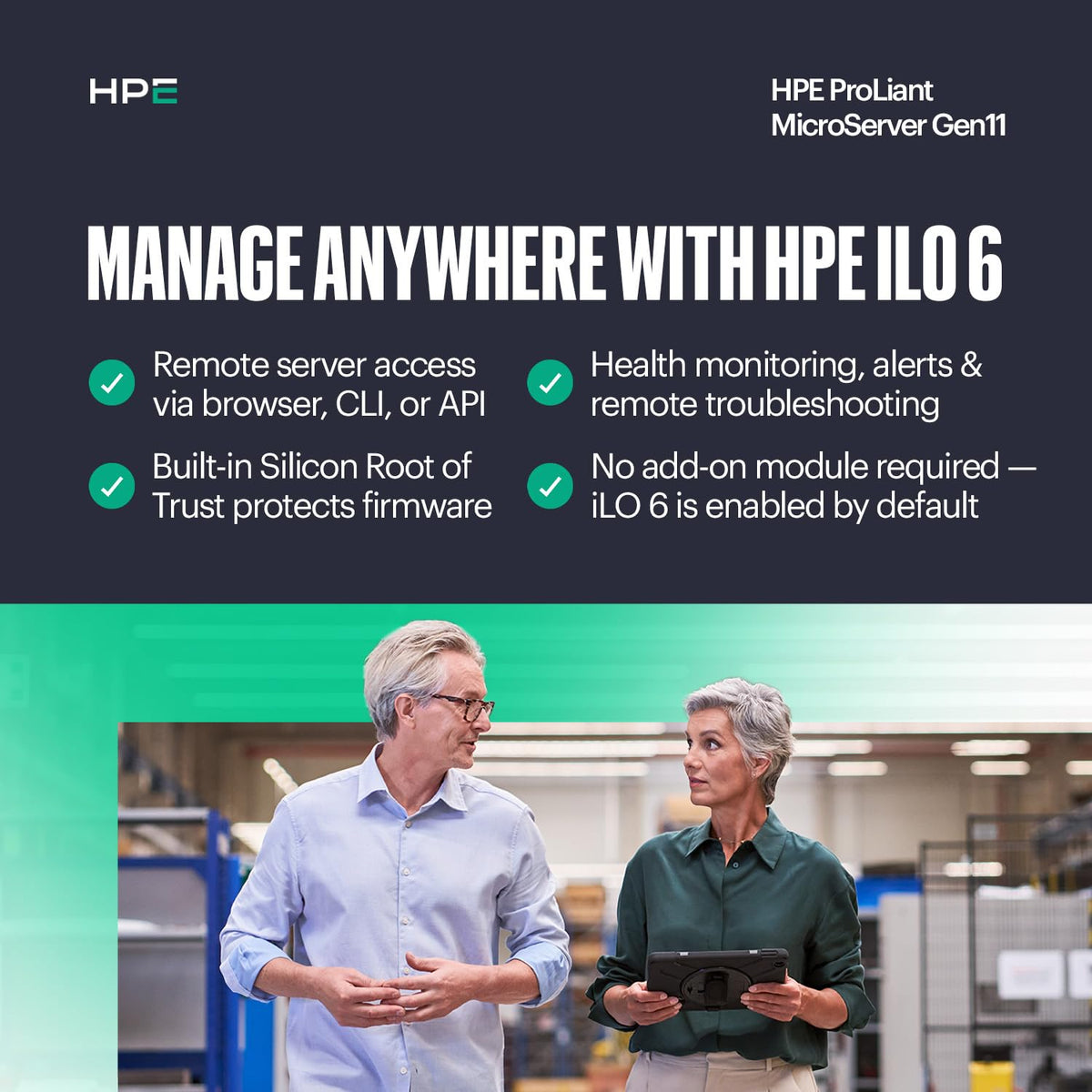 HPE ProLiant Gen11 iLO6 area underscores remote management and security features.