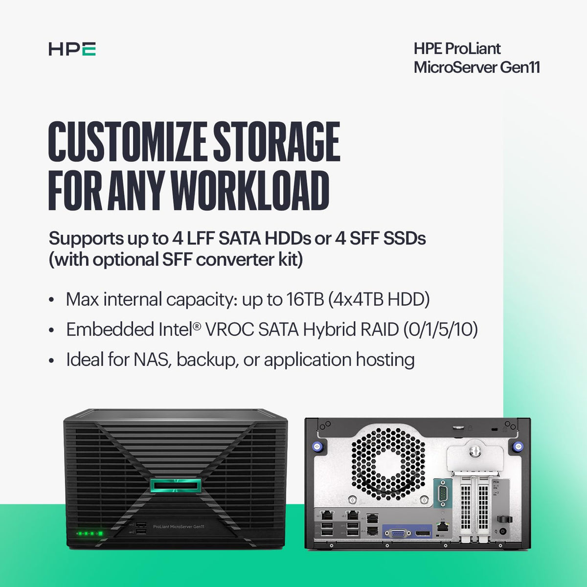 HP ProLiant MicroServer Gen11 1TB HDD storage, NAS-ready.