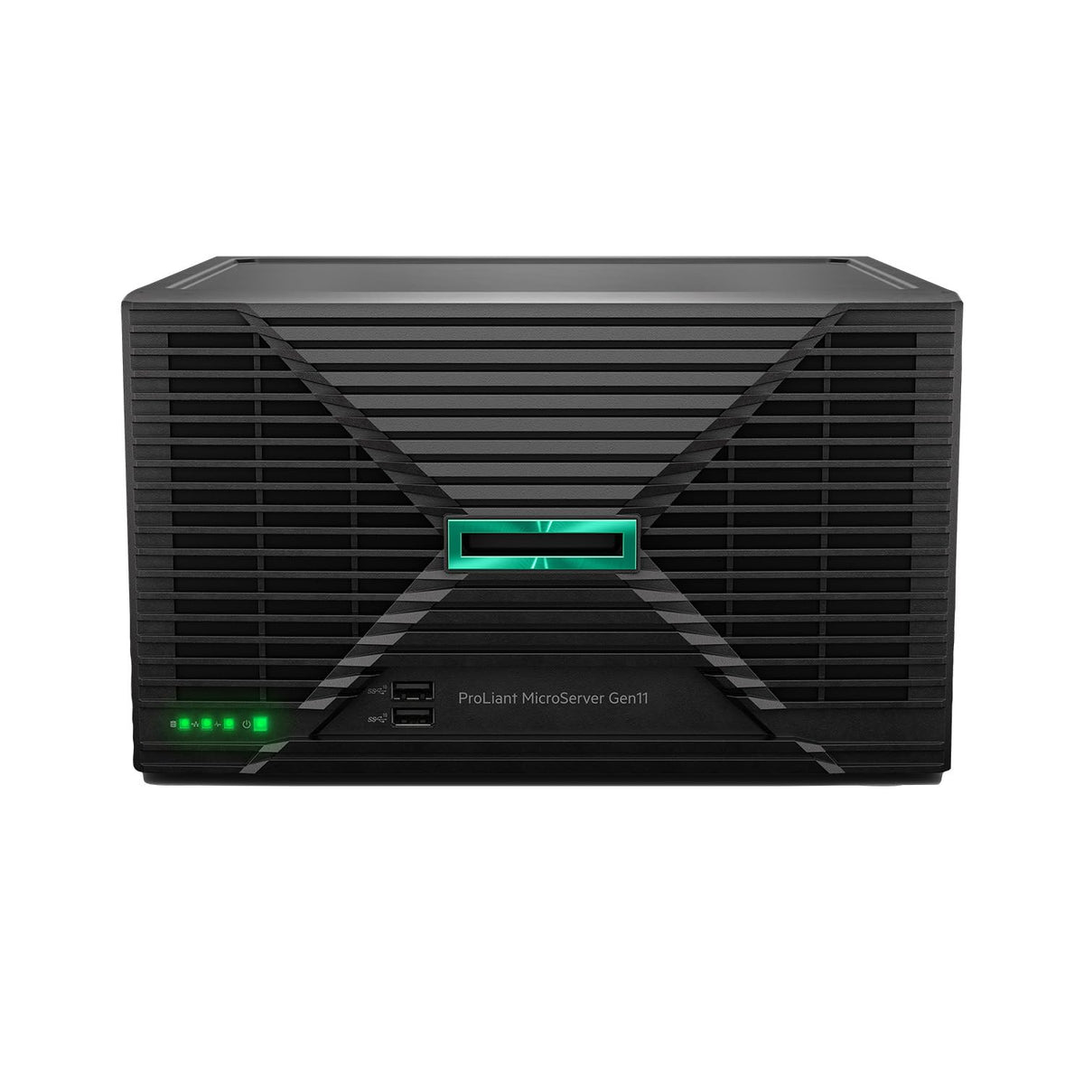 HP ProLiant MicroServer Gen11 front view, compact design for small offices.