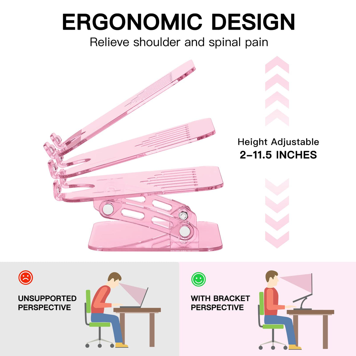 HEWYIOS adjustable-height stand showing ergonomic tilt and height options