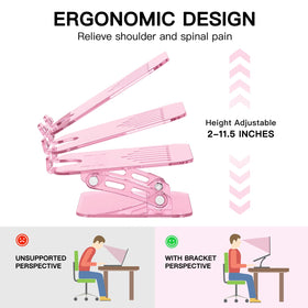 HEWYIOS adjustable-height stand showing ergonomic tilt and height options