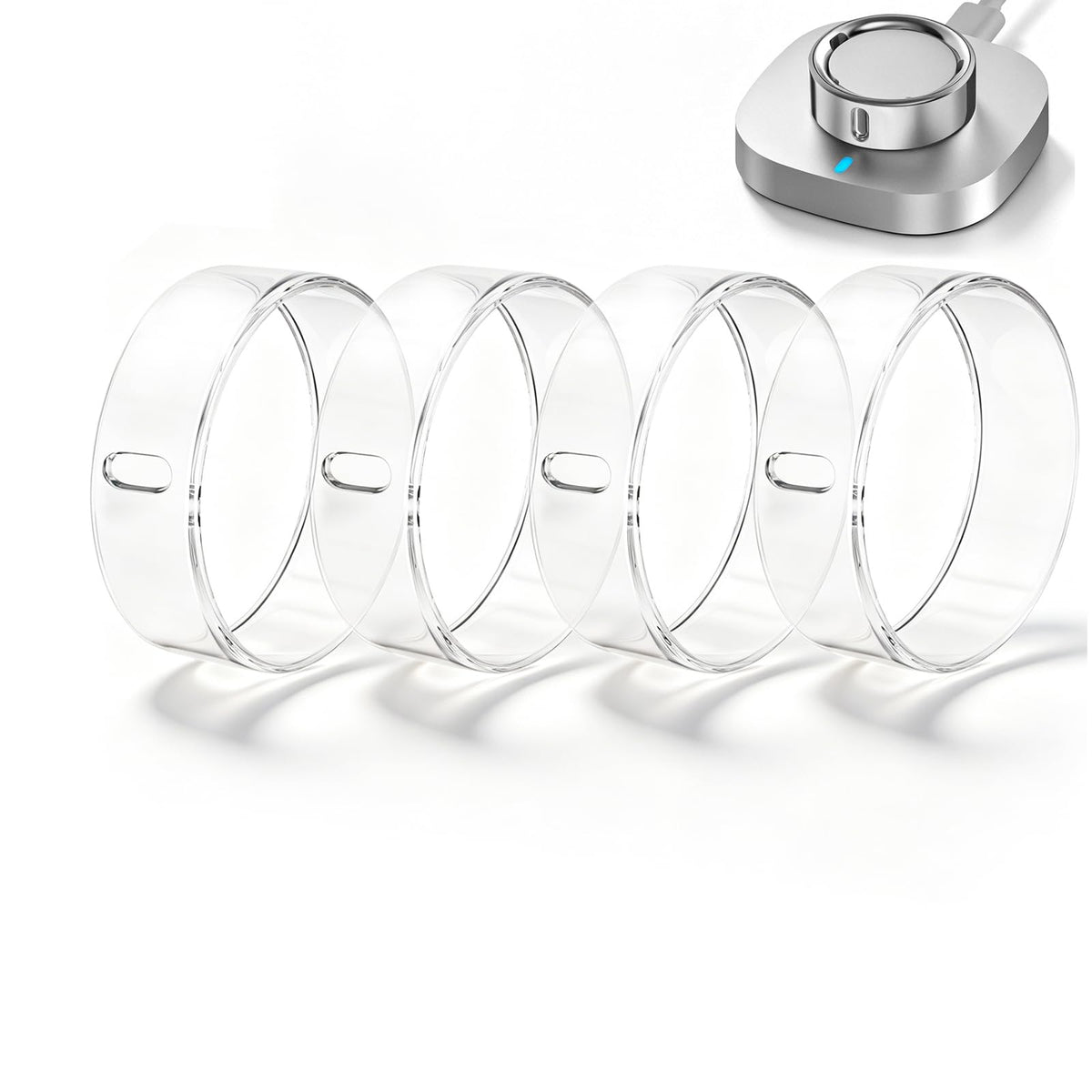 Hexasider 4-pack ring covers on Oura Gen4, premium metallic finish enhances style.
