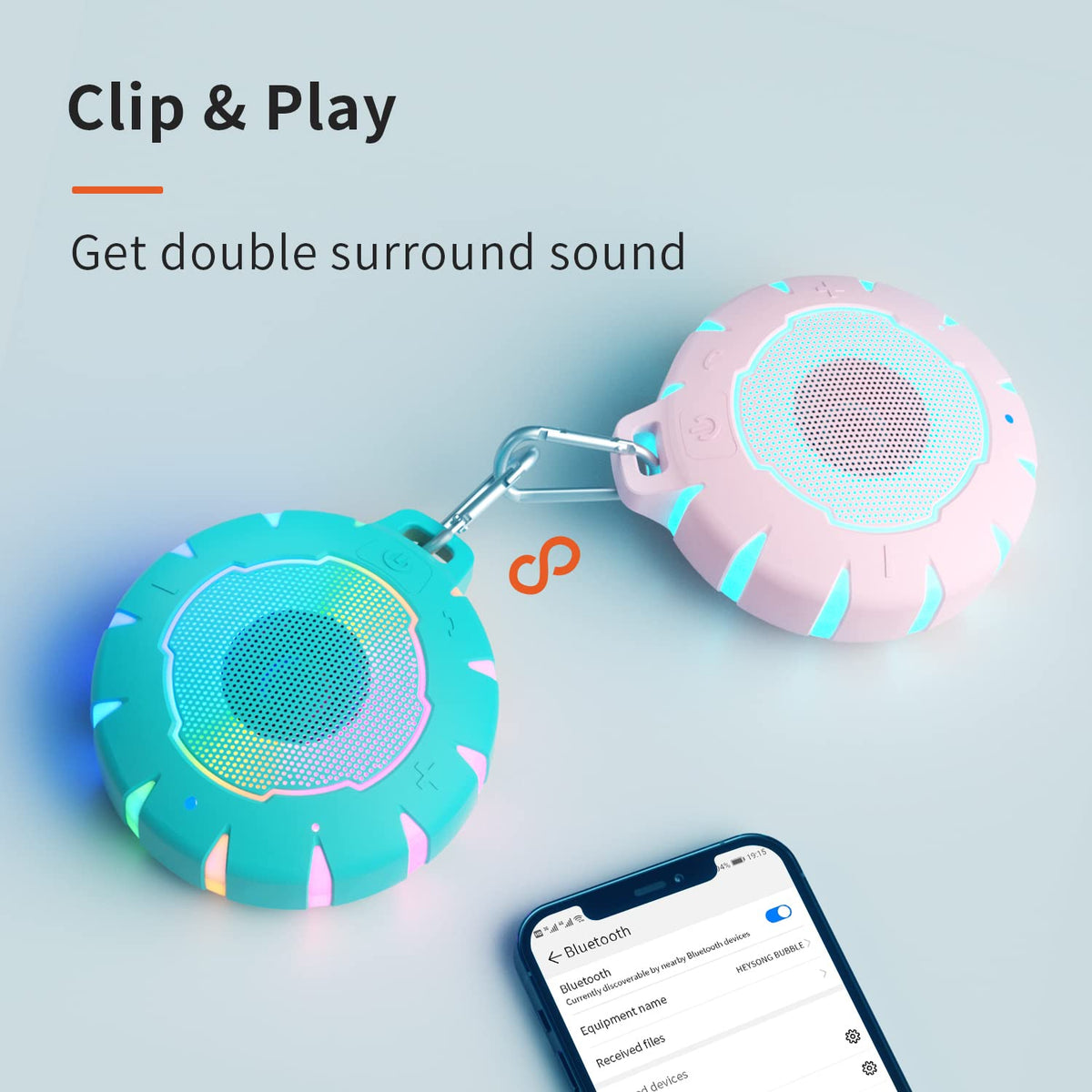 HEYSONG floating on a pool surface, visible LEDs prevent loss and add fun