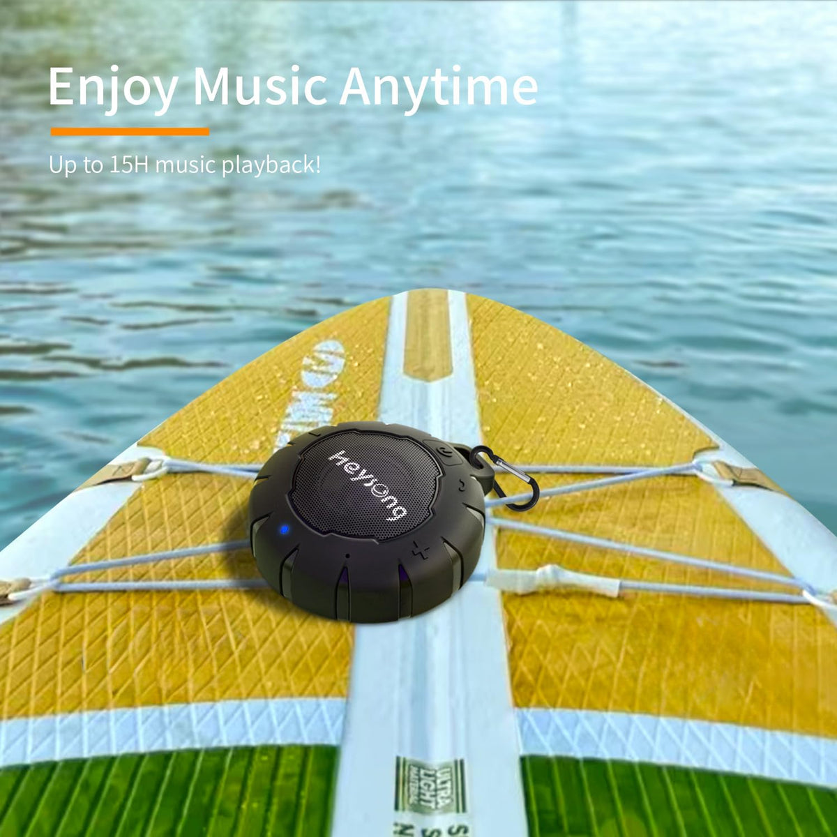 HEYSONG hanging in shower on clip hook for convenient hands-free audio
