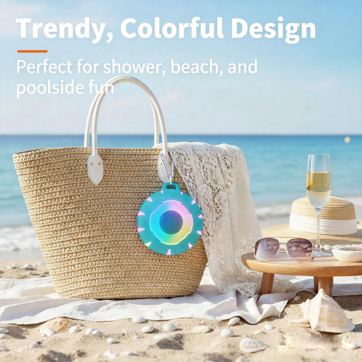 HEYSONG speaker poolside on towel offering portable entertainment