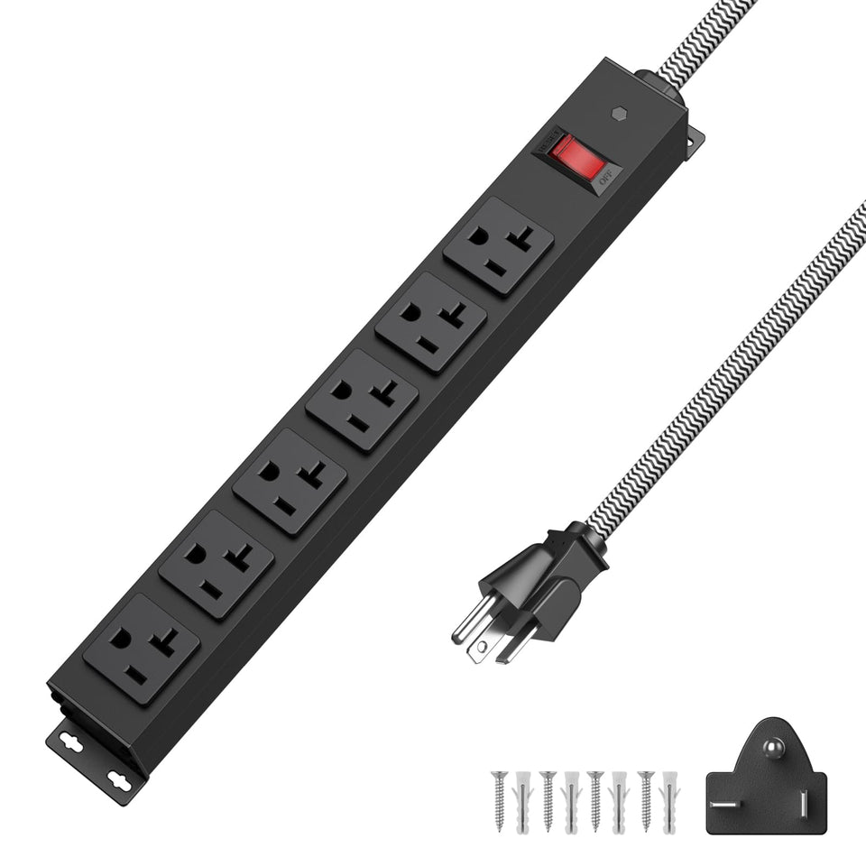 HEZI 20A power strip front view shows six outlets for organized power access in a workshop