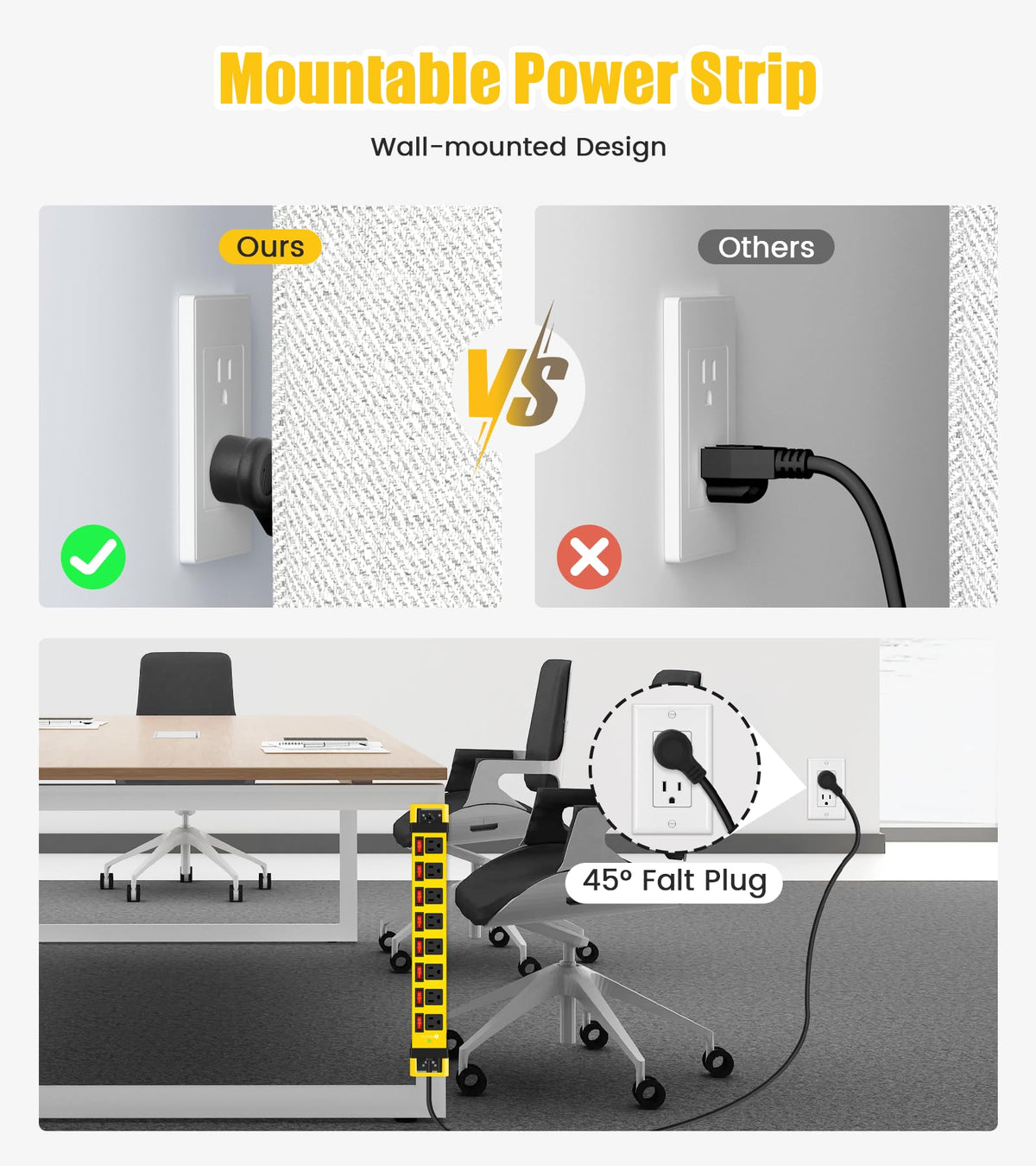 HEZI flat 45-degree plug pictured fitting behind furniture to save space and simplify placement
