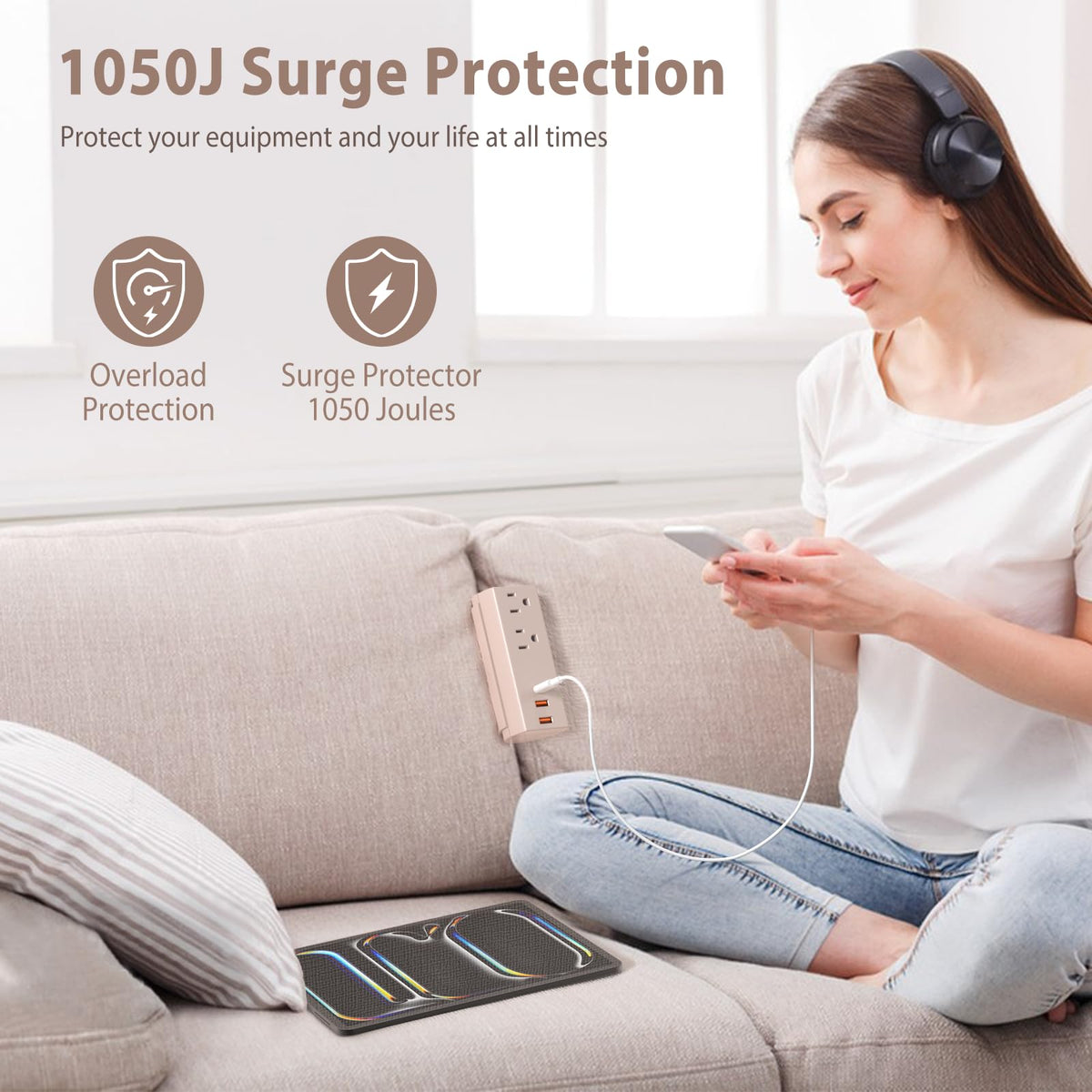 HEZI 5-in-1 recessed power strip with USB-C for sofa and bed use.