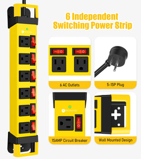 HEZI 6-outlet surge protector with independent switches supports dedicated device control.
