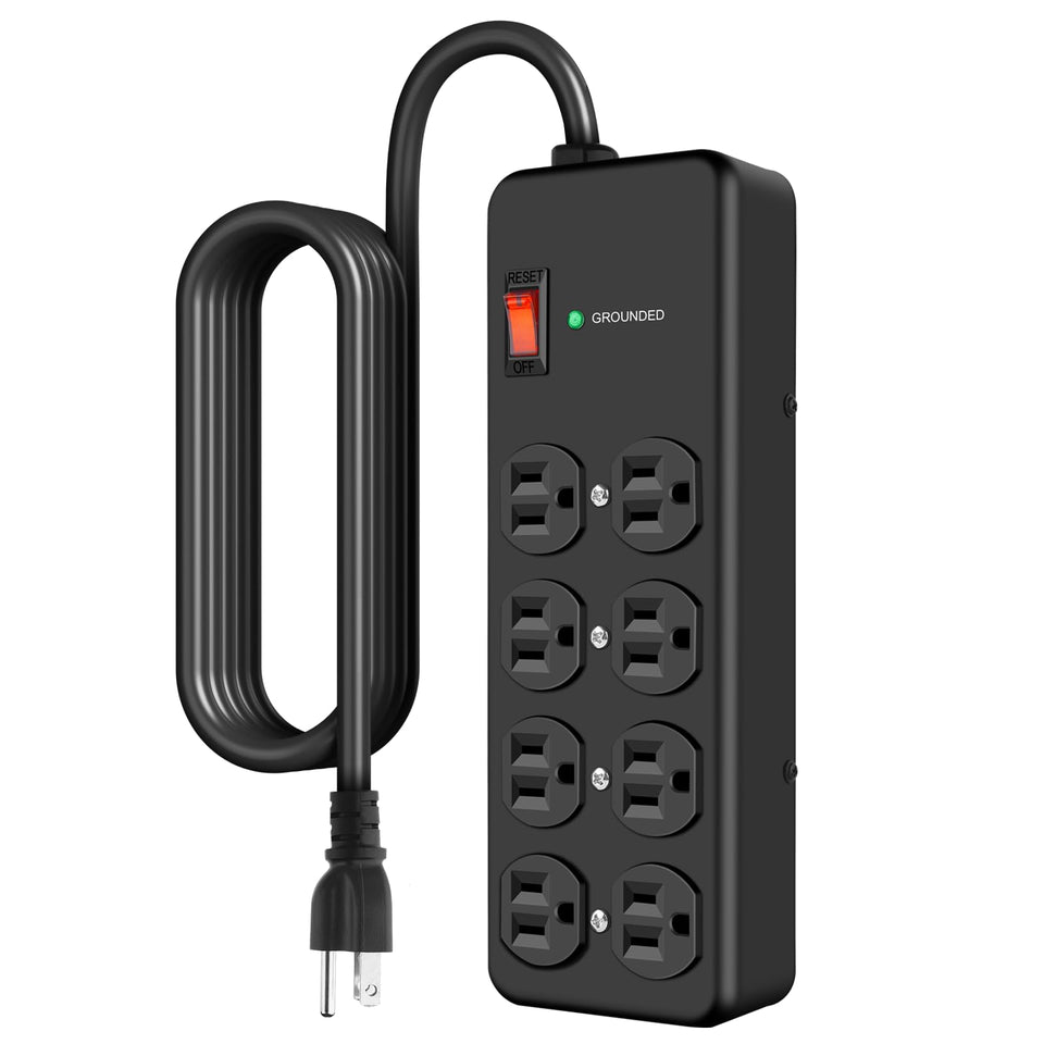 HEZI 8-outlet power strip front view showing organized outlets for a tidy workspace