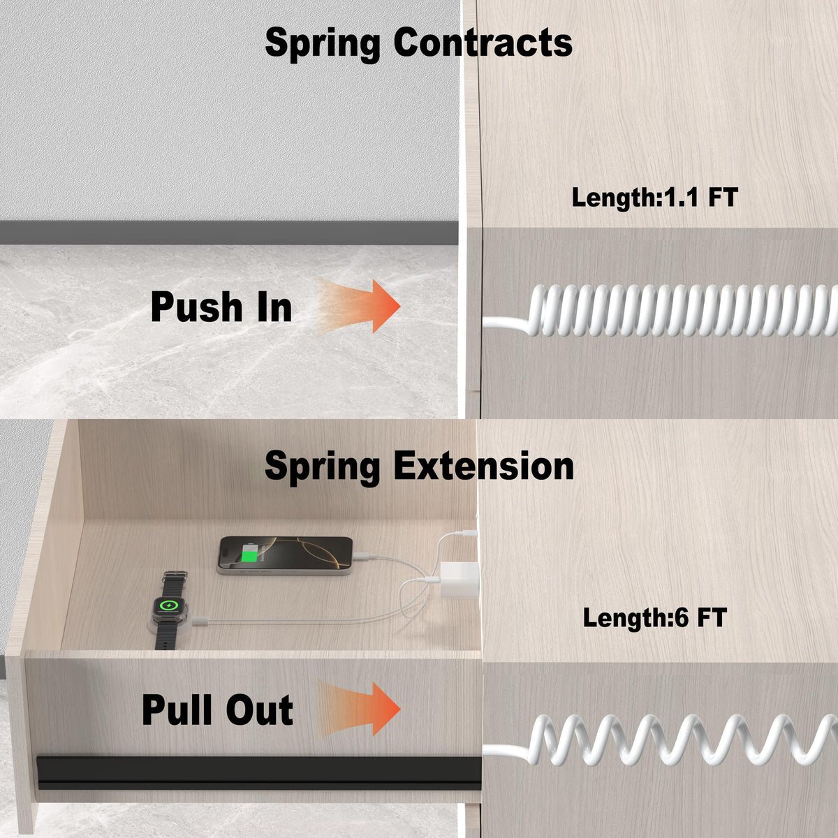 HEZI coiled cord extended and retracted illustrating neat reach and storage