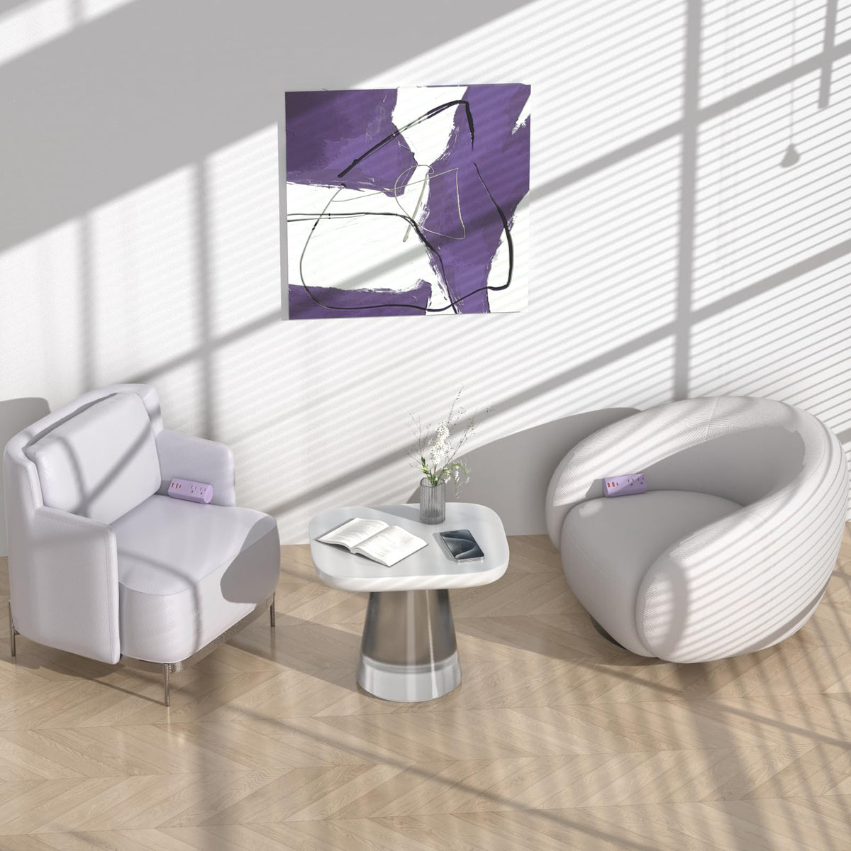 HEZI couch charging station with two outlets and three USB ports on purple.