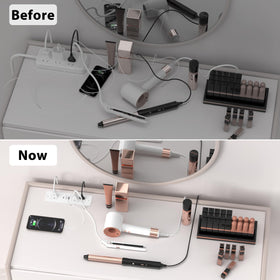 HEZI on desk in lifestyle scene showing organized workstation and power access