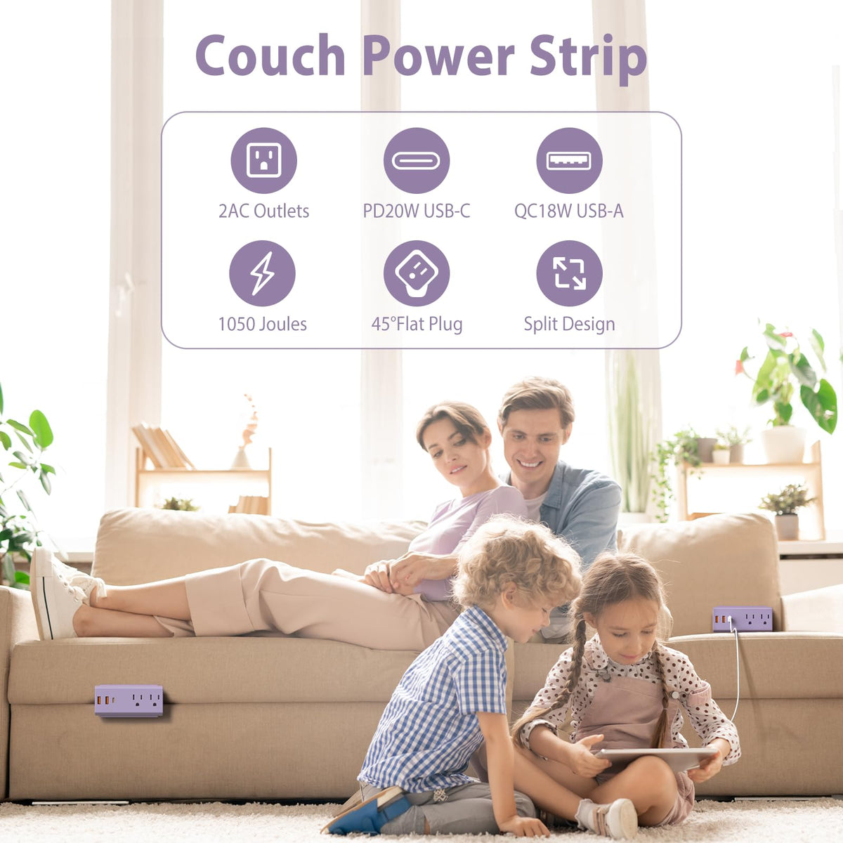 HEZI five-in-one recessed power strip on purple setup for sofa charging convenience.