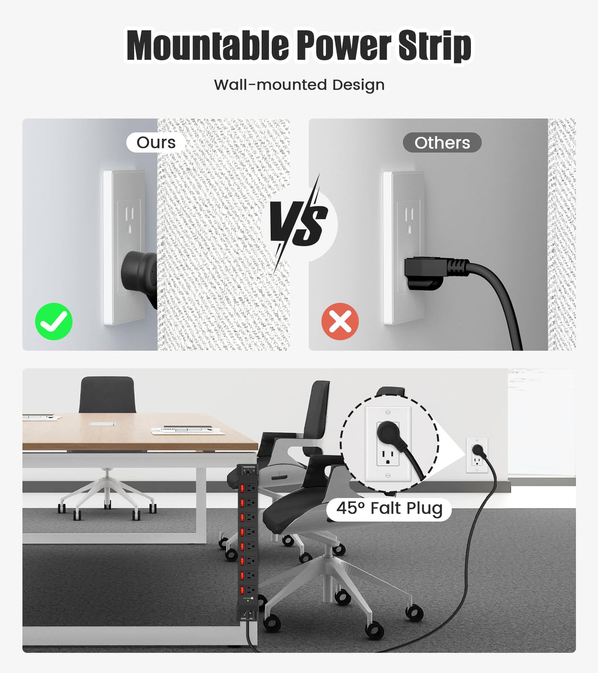 HEZI 45-degree flat plug installed behind furniture, space-saving design fits narrow gaps