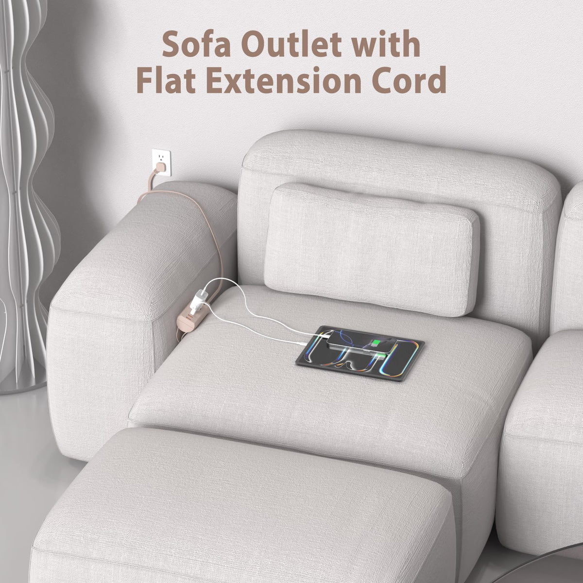 HEZI flat extension cord with 45° plug fits neatly behind furniture.