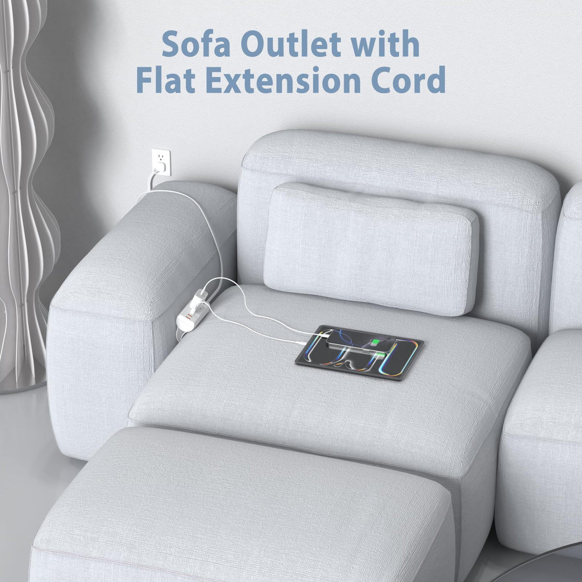 Flat extension cord with 45-degree plug sits flush against the wall.