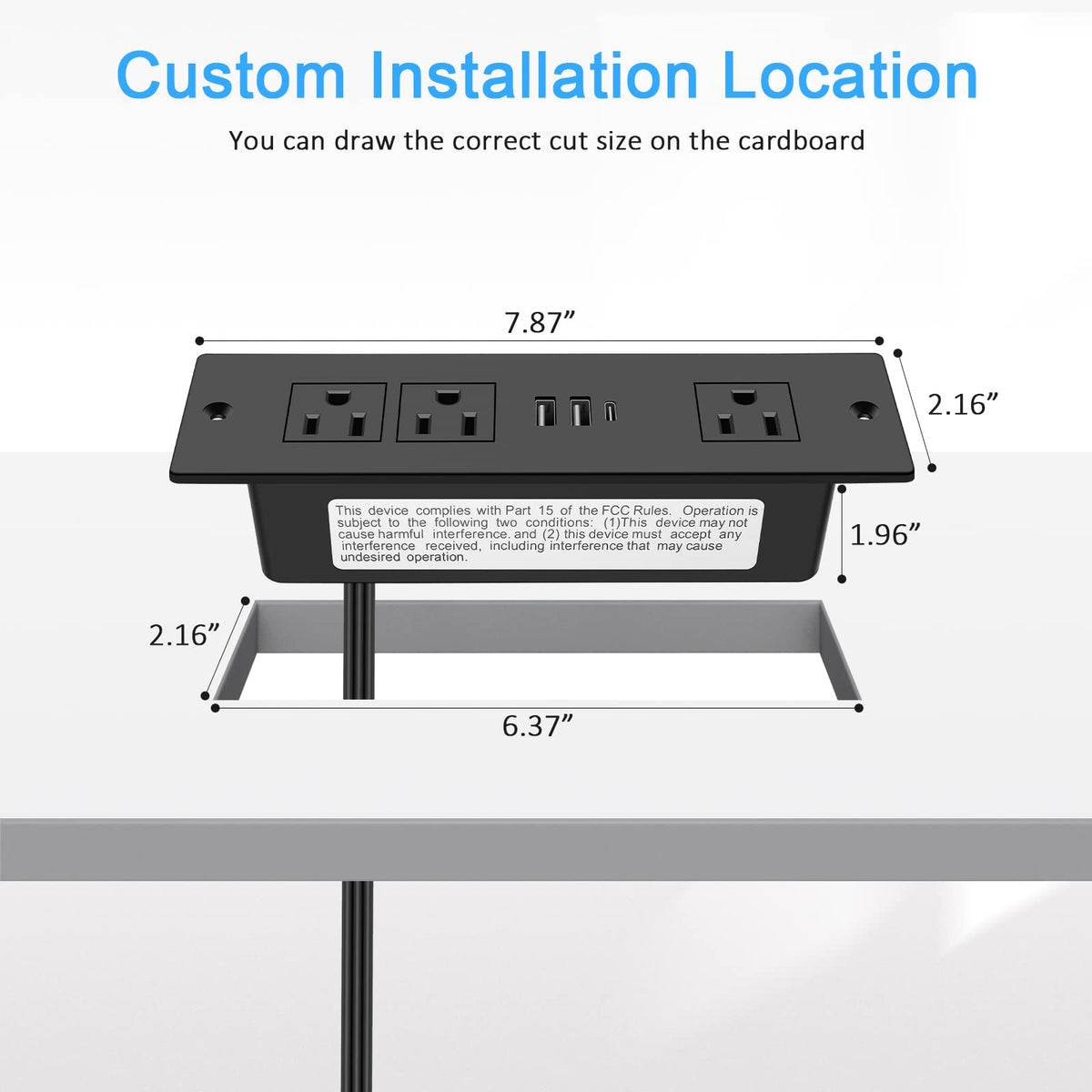 HEZI flush mount desk outlet blends with furniture and hides cables.