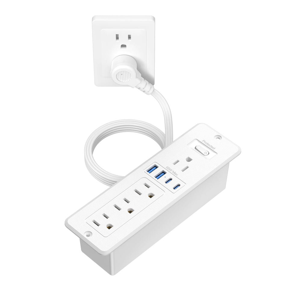 HEZI front panel closeup showing outlets and compact design for clean desktop