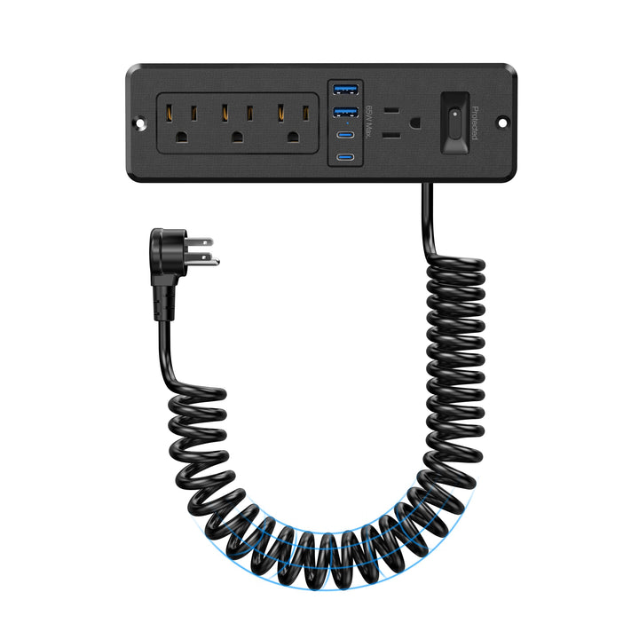 HEZI front panel showing AC outlets and USB ports for easy access