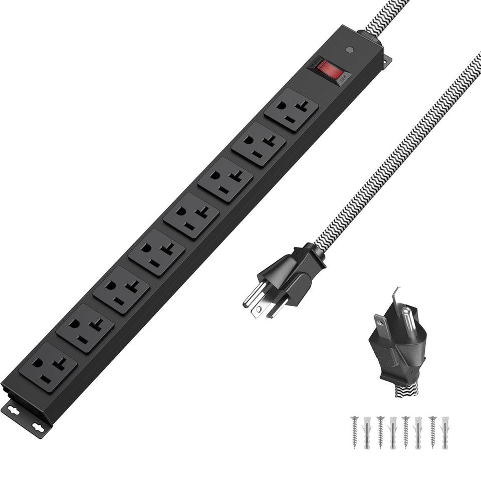 HEZI front view of metal power strip showing eight organized outlets and rugged casing