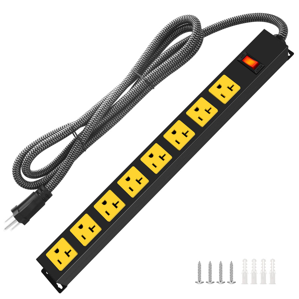 HEZI front view of metal 8-outlet power strip showing durable housing and ample spacing, improving organization