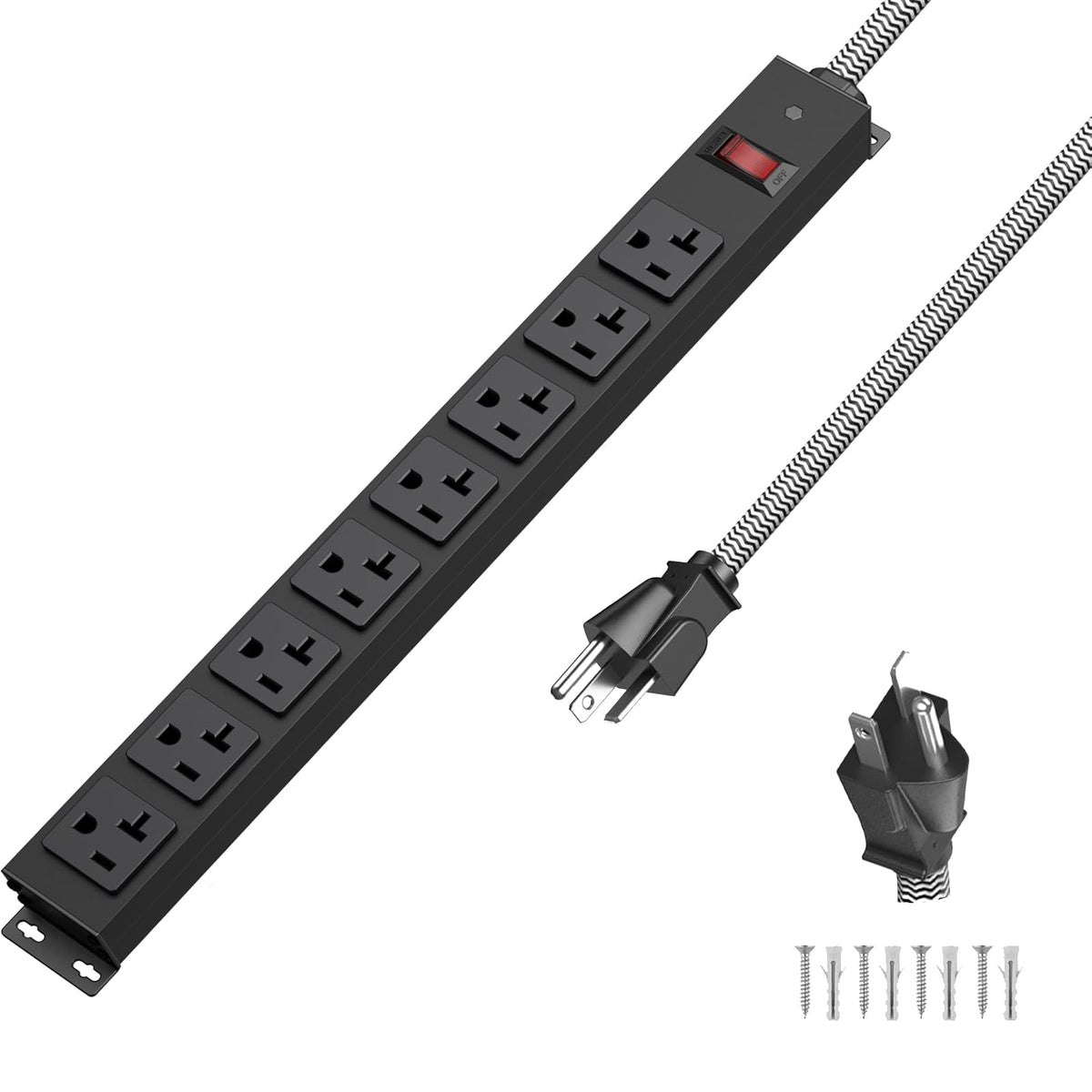 HEZI front view metal power strip showing eight outlets and durable casing for reliable power